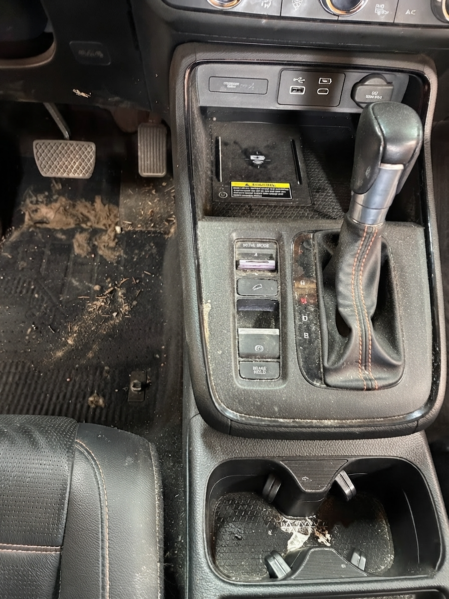 Vehicle center console before detailing by Lucke Touch